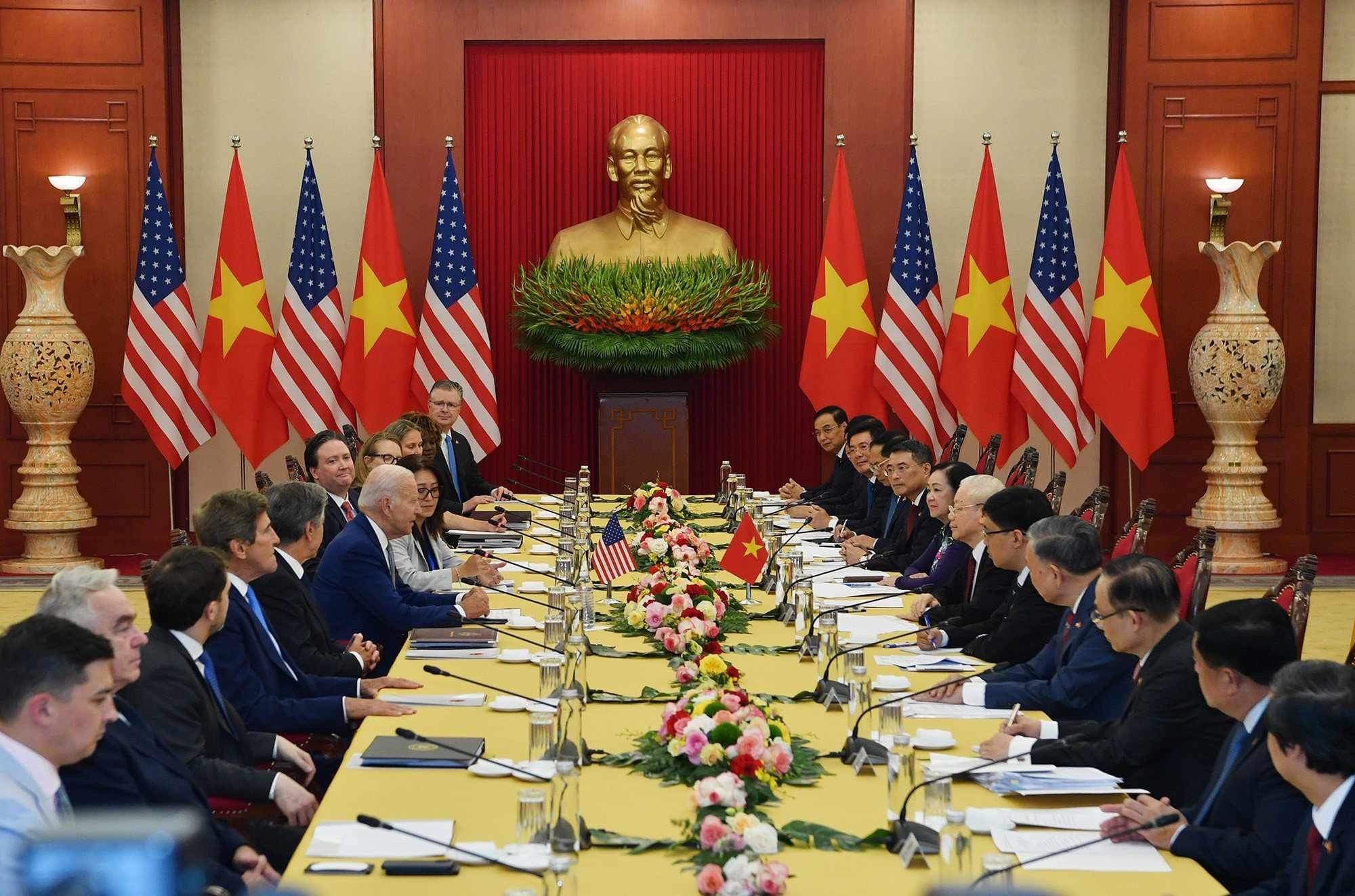 Tổng Bí thư Nguyễn Phúc Trọng hội đàm với Tổng thống Joe Biden. 