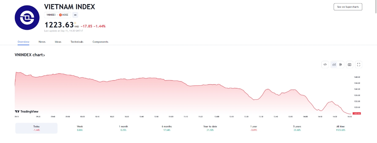 Theo SSI, VN-Index sẽ tiếp tục xu hướng điều chỉnh về mục tiêu 1.216 - 1.218. Tại đây, chỉ số có thể tạm dừng đà giảm và khả năng cân bằng trở lại.