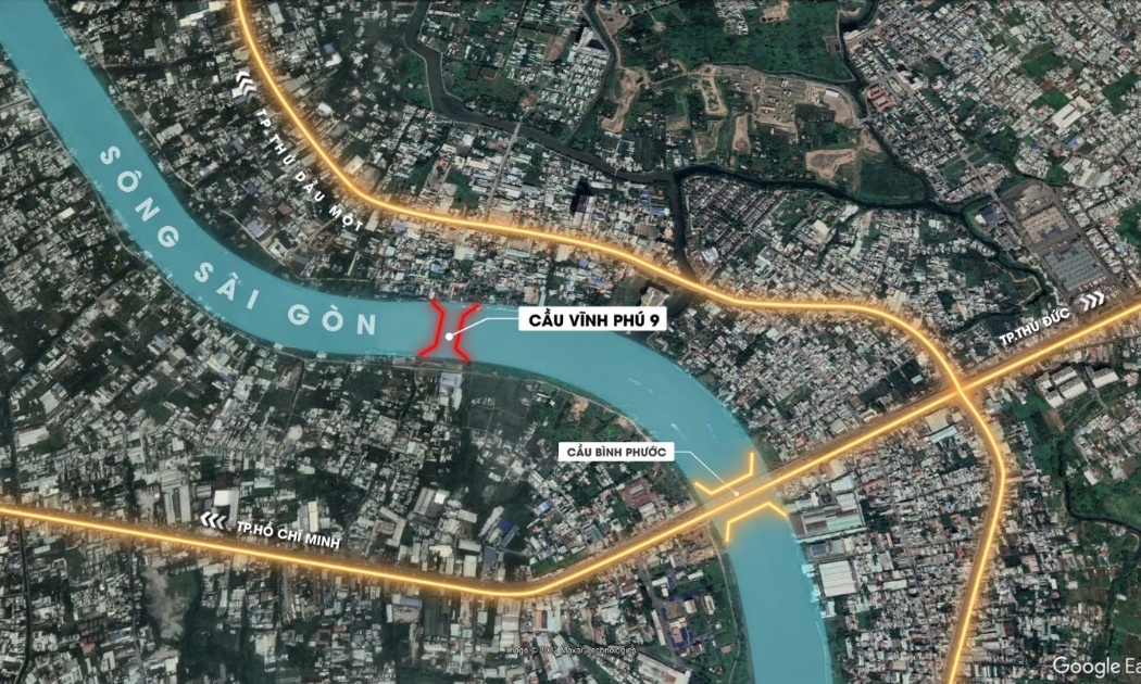 Phường Vĩnh Phú, thành phố Thuận An sẽ có thêm cầu bắt qua sông Sài Gòn để đảm bảo 3 yếu tố nhanh, thuận tiện, lưu lượng lớn kết nối với TP HCM. Đồ họa: Quốc Anh.