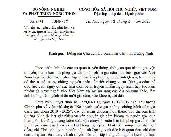 Công văn của Bộ Nông nghiệp và Phát triển nông thôn