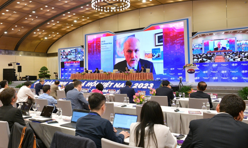 Ông Alexander BÖHMER, đại diện OECD phát biểu qua cầu truyền hình.