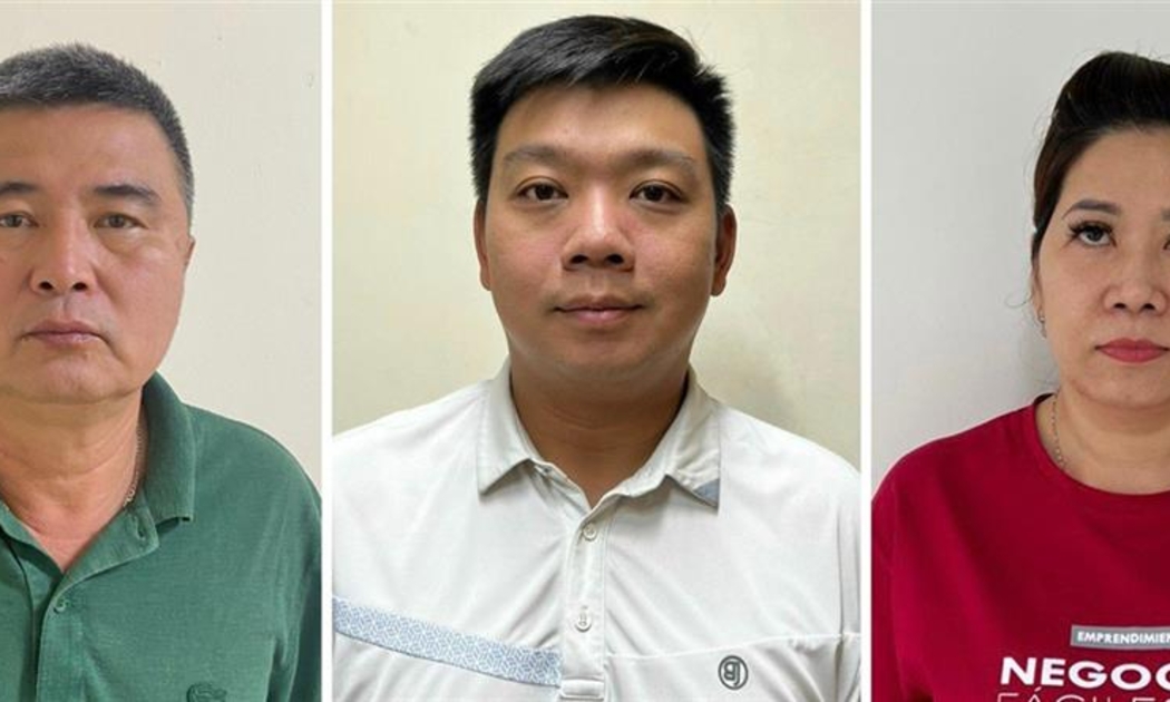 Các bị can (từ trái qua phải): Nguyễn Lộc An; Trần Trác Việt Đức; Đỗ Thị Tuyết Nga.