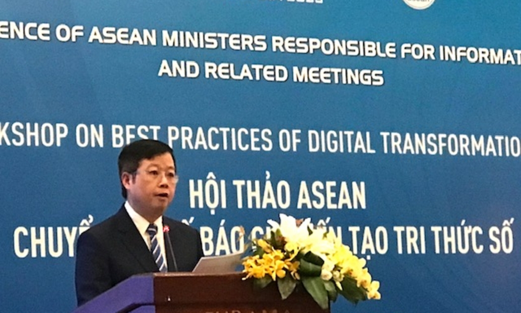 Thứ trưởng Bộ Thông tin và Truyền thông Nguyễn Thanh Lâm phát biểu khai mạc Hội thảo ASEAN về Chuyển đổi số báo chí Kiến tạo tri thức số - Ảnh Ngô Anh Văn.