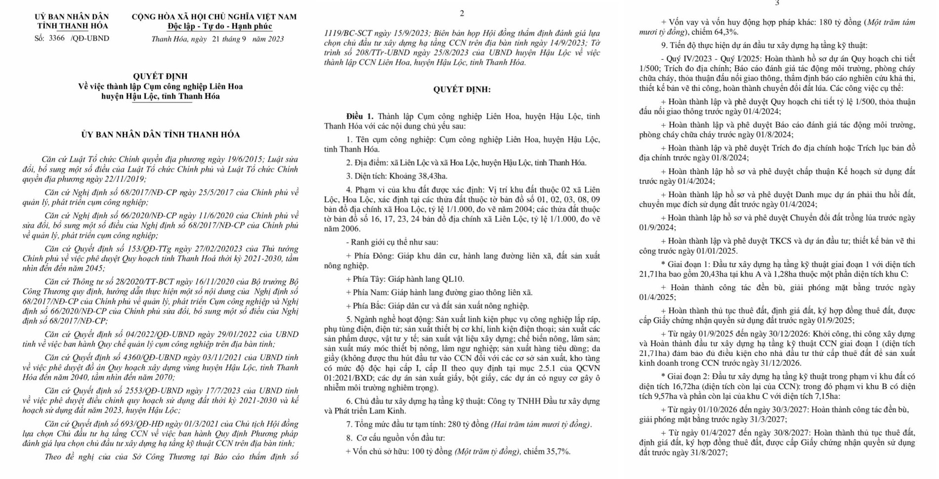 Quyết định của UBND tỉnh Thanh H&oacute;a th&agrave;nh lập Cụm c&ocirc;ng nghiệp Li&ecirc;n Hoa huyện Hậu Lộc, tỉnh Thanh H&oacute;a.