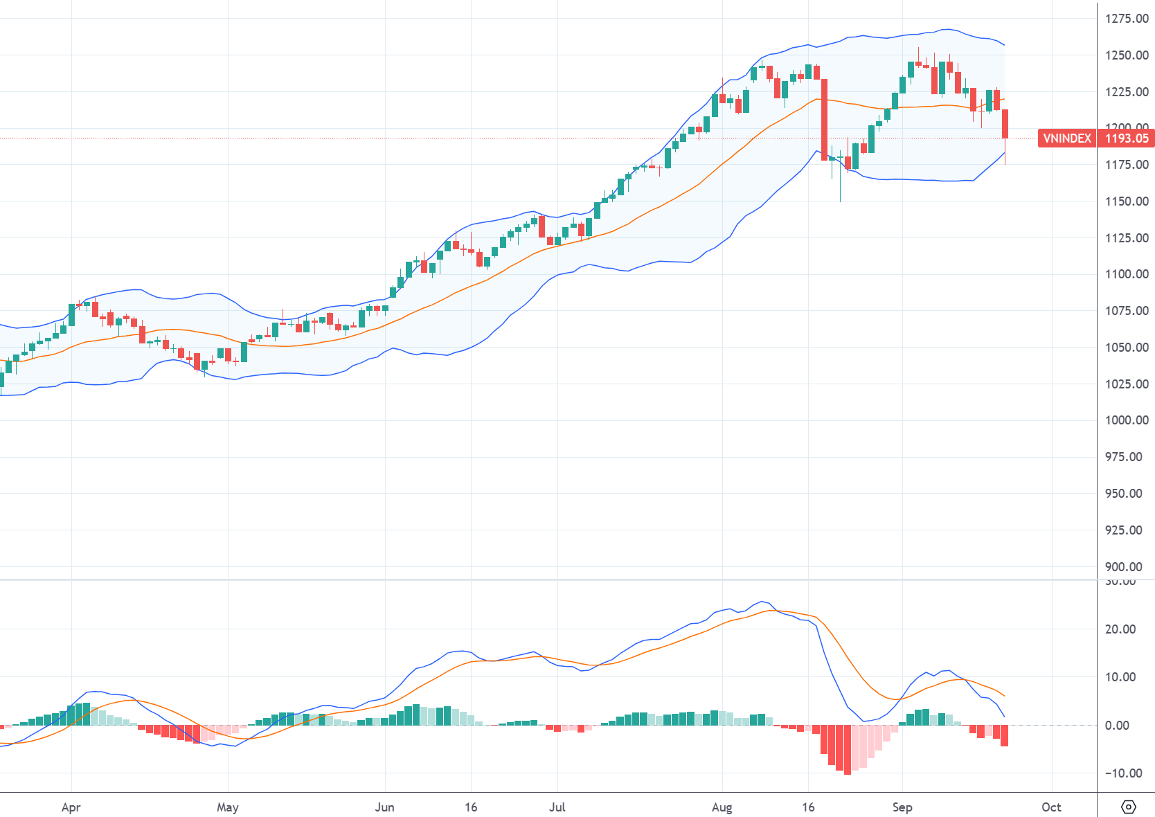 Diễn biến chỉ số VN-Index và chỉ báo kỹ thuật MACD.