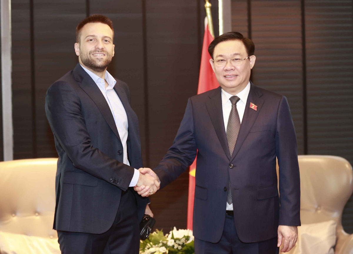 Chủ tịch Quốc hội Vương Đ&igrave;nh Huệ tiếp &ocirc;ng Dimitar Naydenov, Gi&aacute;m đốc M&A Tập đo&agrave;n SoPharma. Ảnh: Quốc hội.