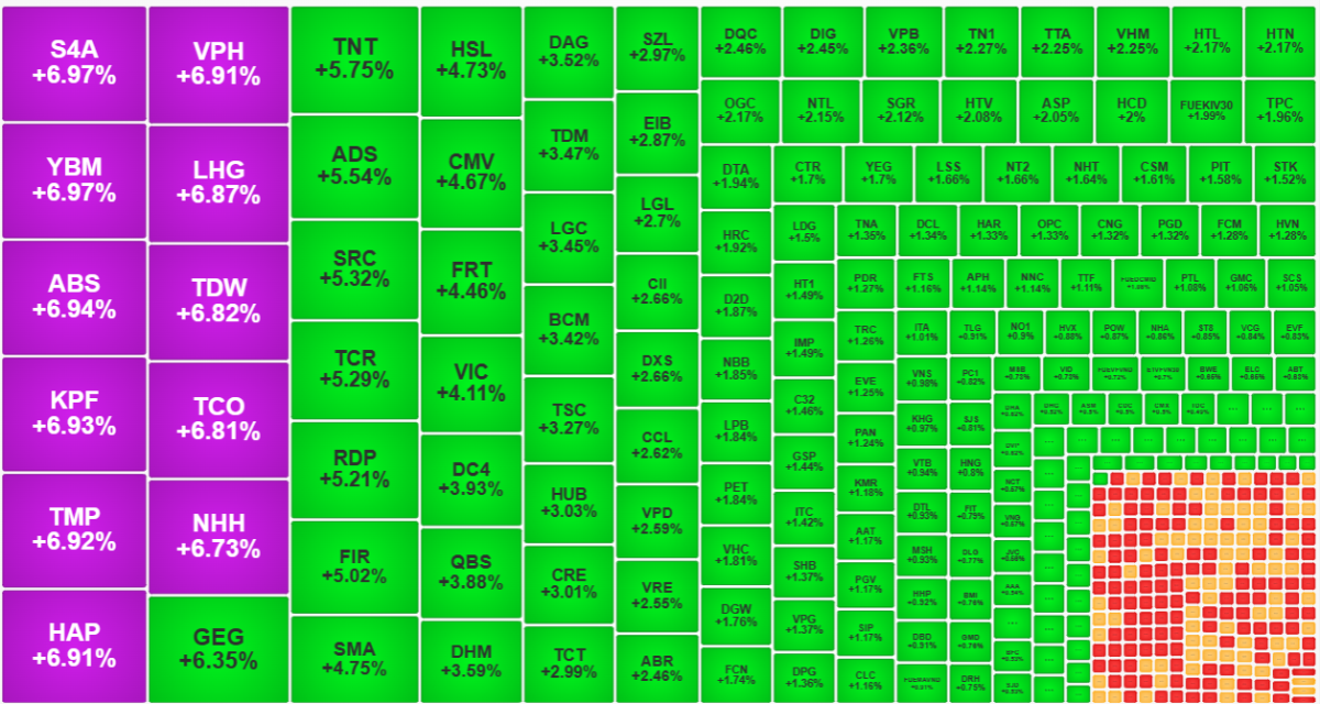 Nhóm cổ phiếu tăng mạnh nhất thị trường hôm nay toàn là các mã nhỏ và thanh khoản thấp tới trung bình.