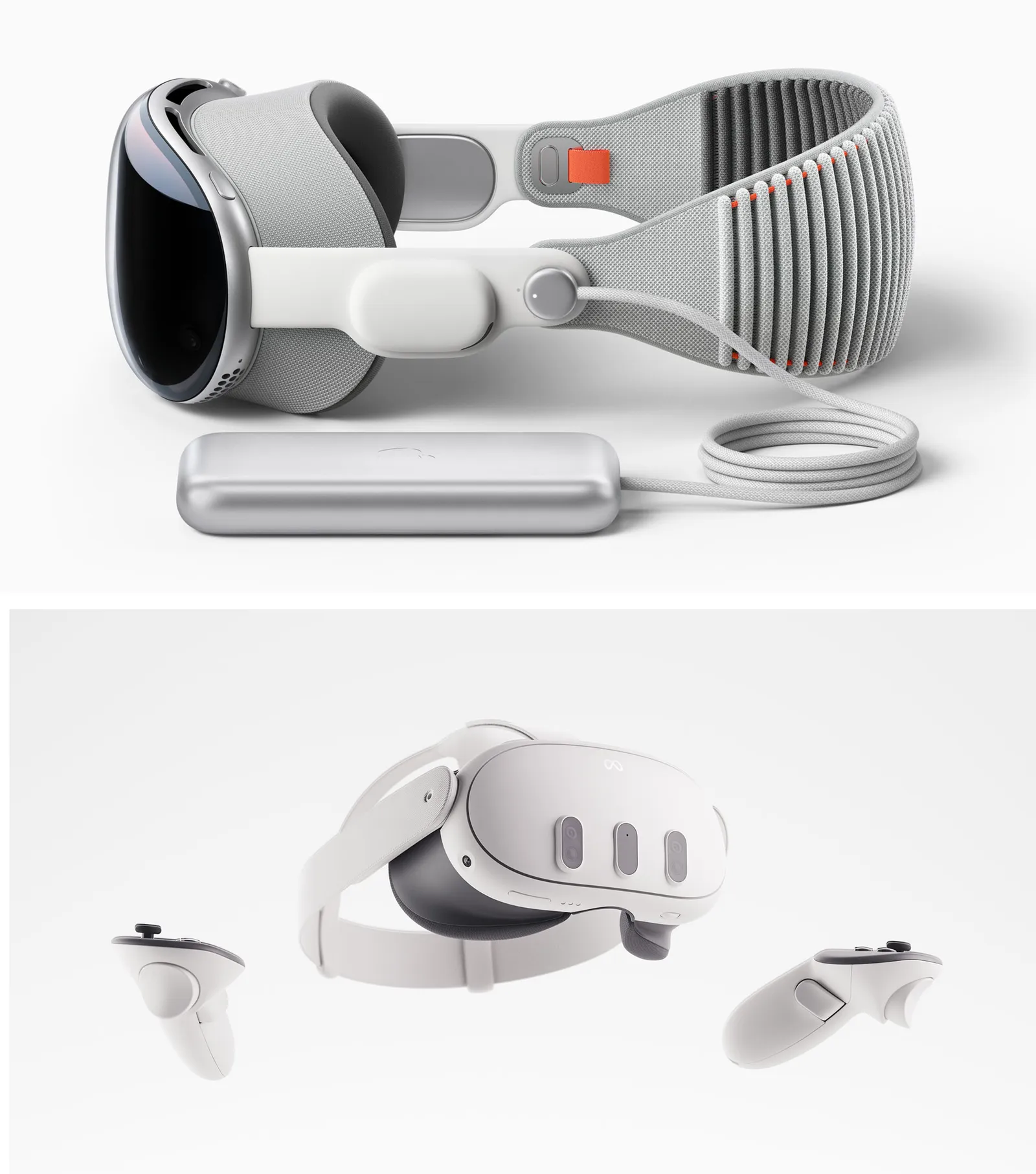 Visio Pro của Apple (tr&ecirc;n) v&agrave; Meta Quest 3 (dưới).