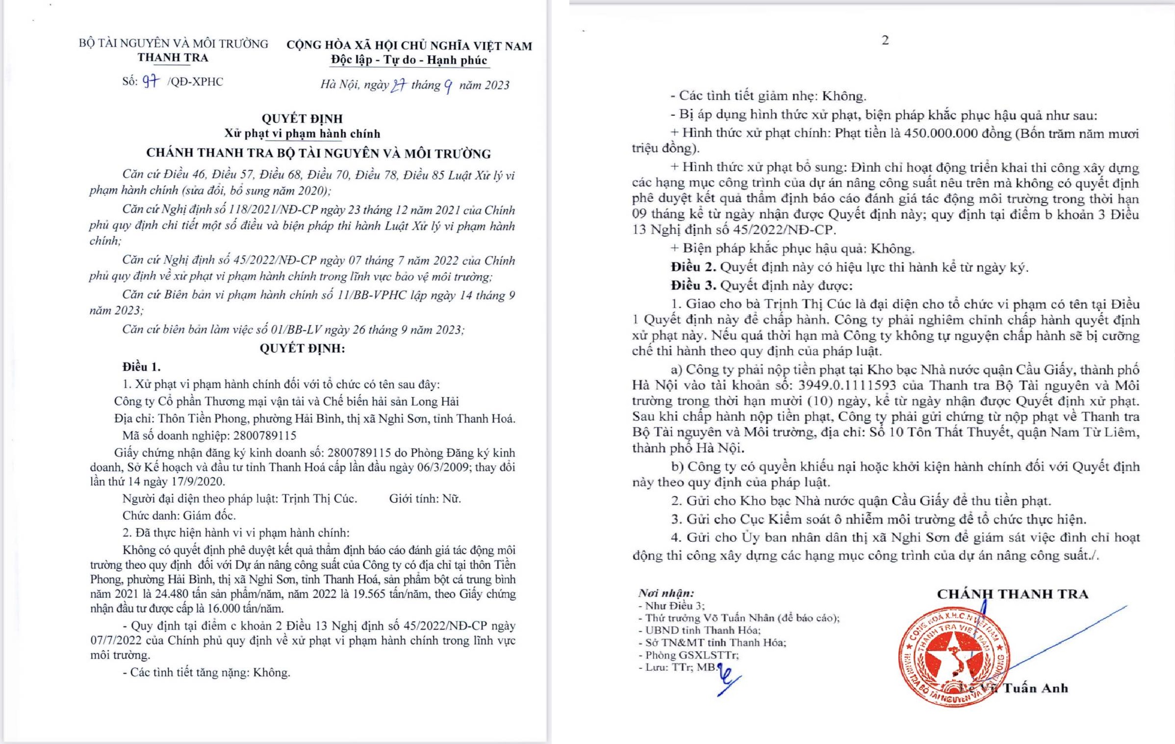 Quyết định xử phạt của Thanh tra Bộ T&agrave;i nguy&ecirc;n v&agrave; M&ocirc;i trường đối với&nbsp;C&ocirc;ng ty Cổ phần Thương mại vận tải v&agrave; Chế biến hải sản Long Hải