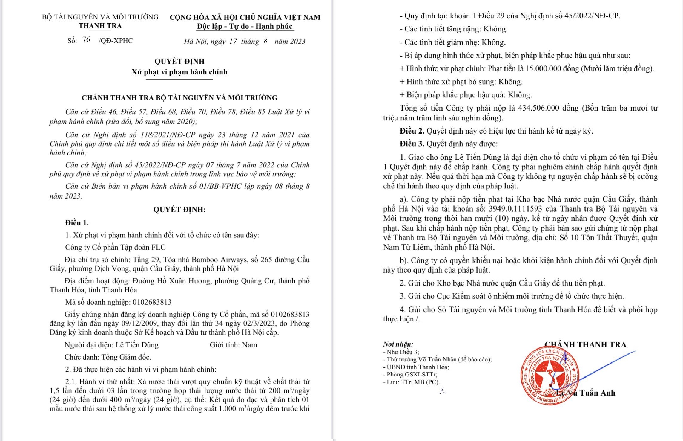 Quyết định xử phạt&nbsp;Thanh tra Bộ T&agrave;i nguy&ecirc;n v&agrave; M&ocirc;i trường đối với&nbsp;C&ocirc;ng ty Cổ phần Tập đo&agrave;n FLC