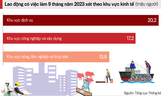 Lao động c&oacute; việc l&agrave;m x&eacute;t theo khu vực kinh tế.