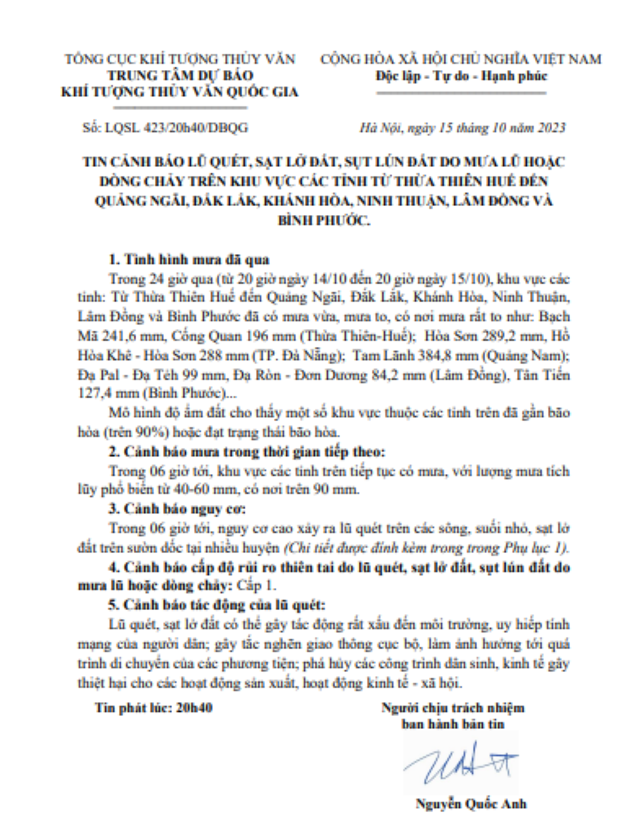 Bản tin Dự b&aacute;o của Trung t&acirc;m Kh&iacute; tượng Thủy văn quốc gia, ph&aacute;t l&uacute;c 20h40 tối 15/10/2023.