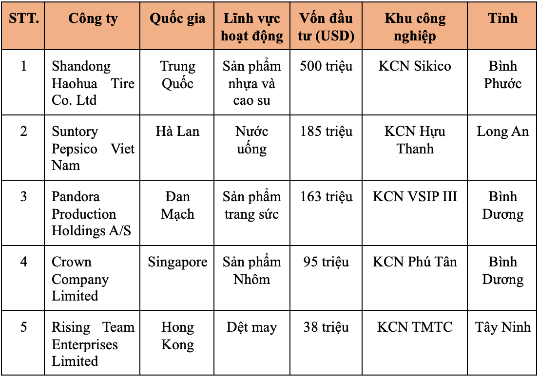 Các dự án đầu tư sản xuất lớn nhất tại Khu vực Kinh tế Trọng điểm phía Nam trong 6 tháng đầu năm 2023  - Nguồn: Savills.