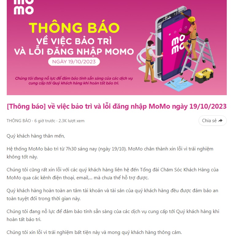 Thông báo về việc bảo trì và lỗi đăng nhập MoMo ngày 19/10/2023 trên website.