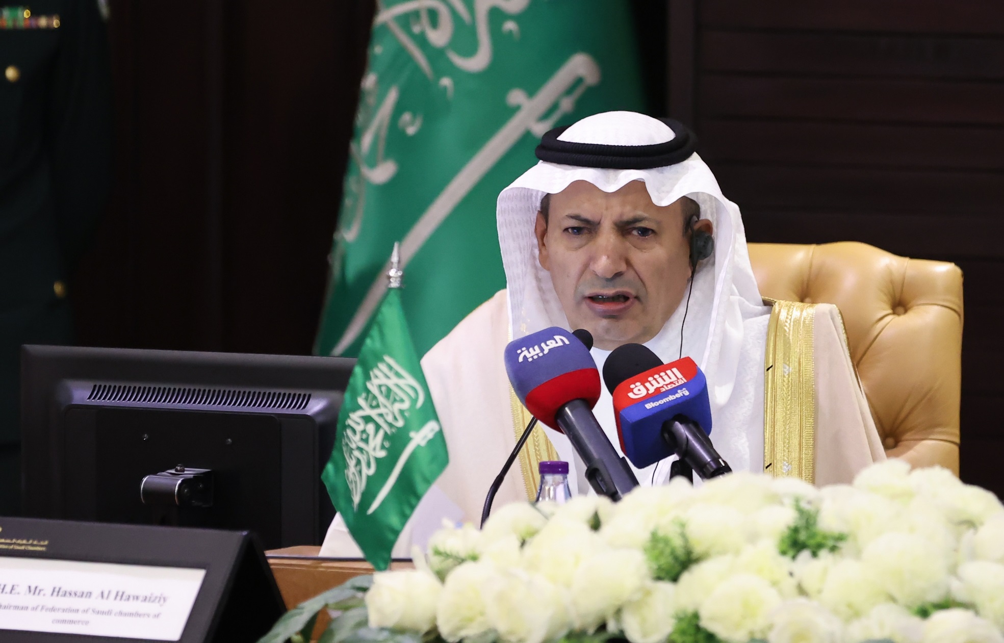 Chủ tịch Liên đoàn các Phòng Thương mại và Công nghiệp Saudi Arabia Hassan Al Hwaiziy phát biểu tại diễn đàn. Ảnh: VGP.