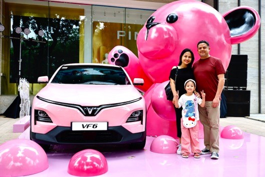 Thiết kế bắt mắt của chiếc VF 6 màu hồng độc bản là điểm check-in yêu thích của nhiều gia đình.