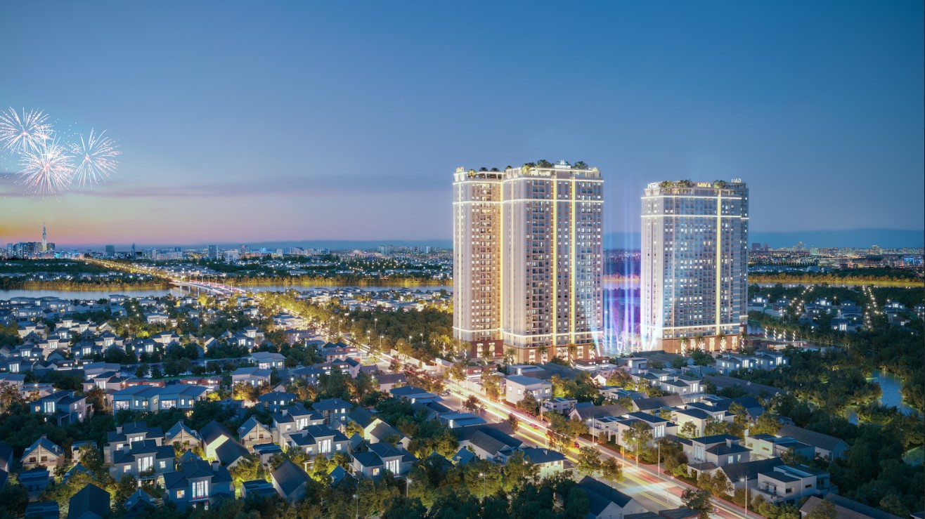 Khải Ho&agrave;n Prime được kỳ vọng sẽ l&agrave; một trong những th&agrave;nh tố quan trọng trong mục ti&ecirc;u đưa Nh&agrave; B&egrave; sớm trở th&agrave;nh đ&ocirc; thi vệ tinh của TP.HCM năm 2025. Phối cảnh Khải Ho&agrave;n Prime về đ&ecirc;m.