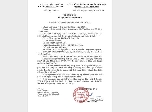 Ông Đăng Đình Lợi người đại diện theo pháp luật của Công ty TNHH xây dựng và thương mại Vĩnh Lộc bị tạm hoãn xuất cảnh