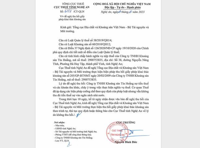 Cục Thuế Nghệ An c&oacute; c&ocirc;ng văn đề nghị thu hồi giấy ph&eacute;p khai th&aacute;c kho&aacute;ng sản đối với C&ocirc;ng ty TNHH Kho&aacute;ng sản T&iacute;n Hoằng v&igrave; nợ thuế v&agrave; ch&acirc;y &igrave; nộp thuế