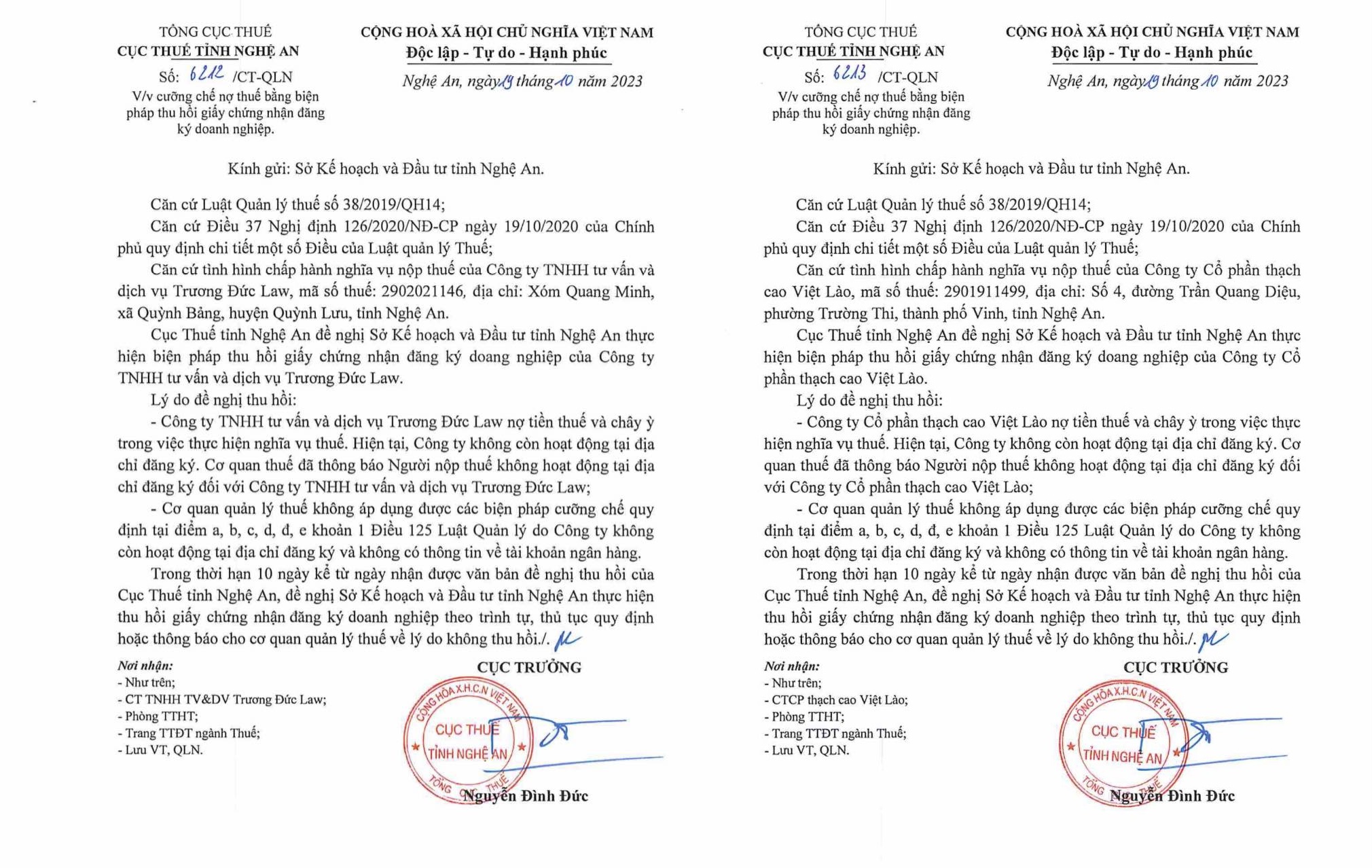 C&ocirc;ng văn của Cục Thuế Nghệ An gửi Sở Kế hoạch v&agrave; Đầu tư tỉnh Nghệ An&nbsp;