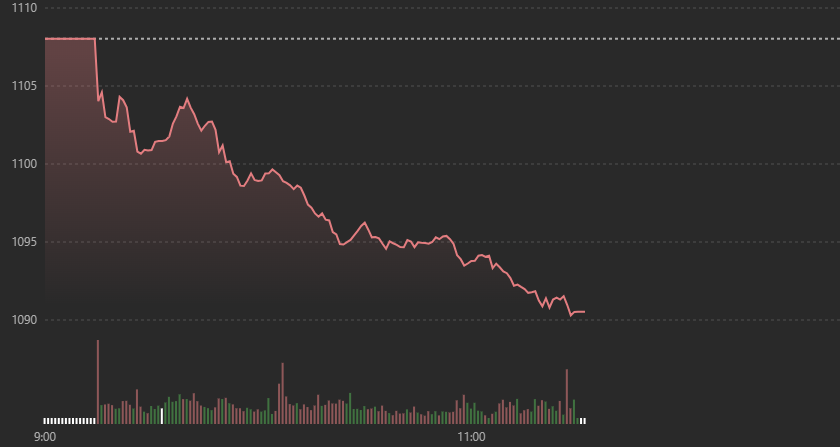VN-Index trượt dốc li&ecirc;n tục s&aacute;ng nay, chốt phi&ecirc;n ở mức thấp nhất.
