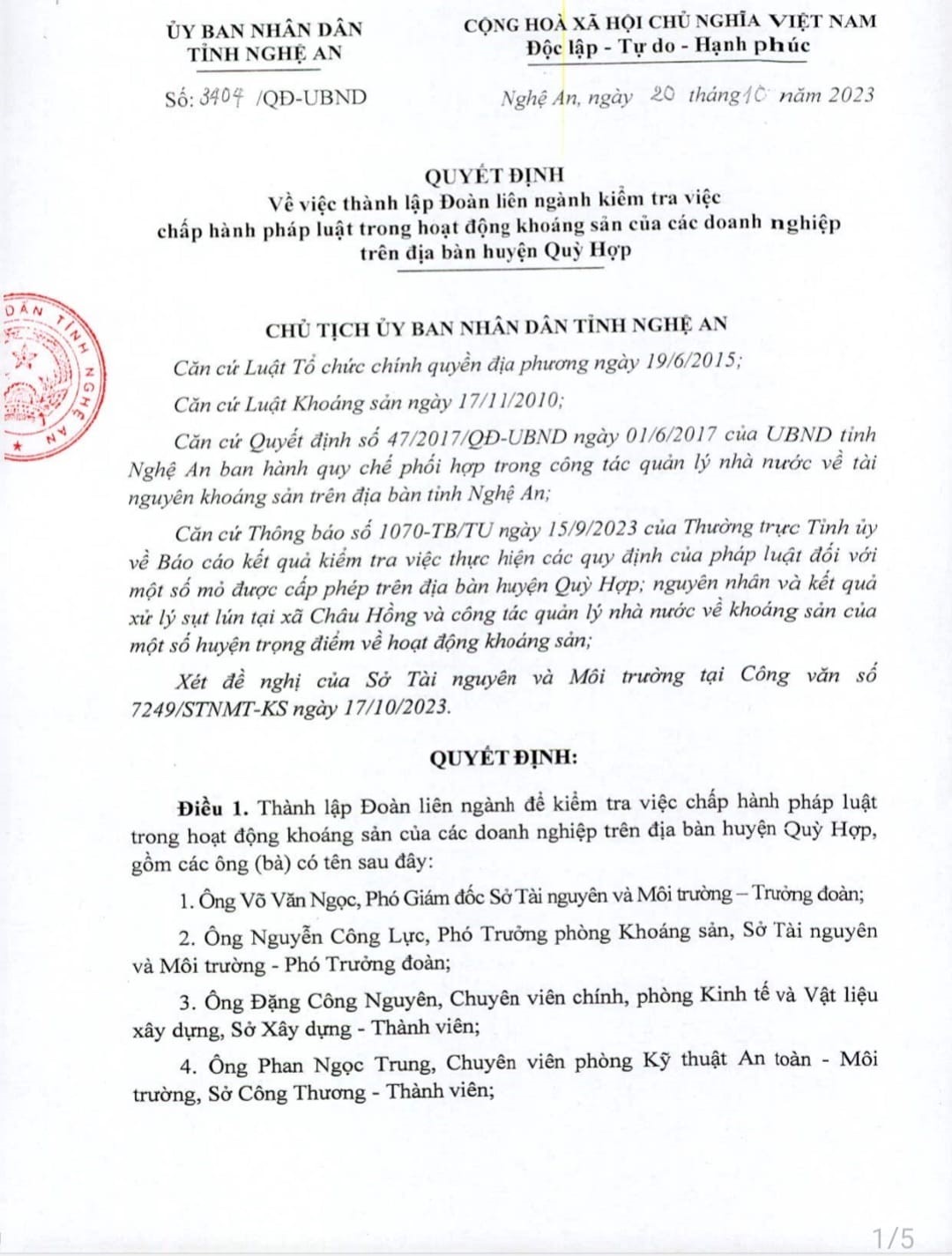 Quyết định th&agrave;nh lập Đo&agrave;n li&ecirc;n ng&agrave;nh của UBND tỉnh Nghệ An