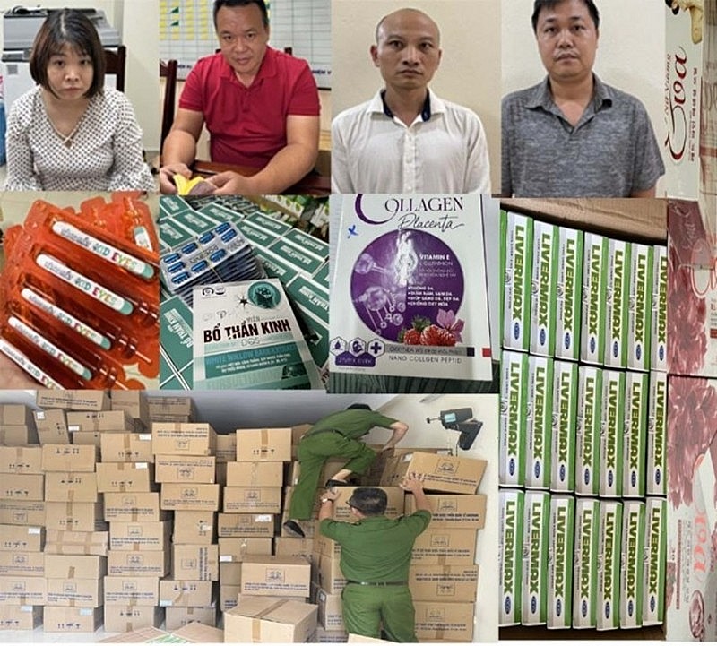 Các đối tượng (từ trái qua phải): Nga, Đôn, Hải, Phúc và tang vật thu được