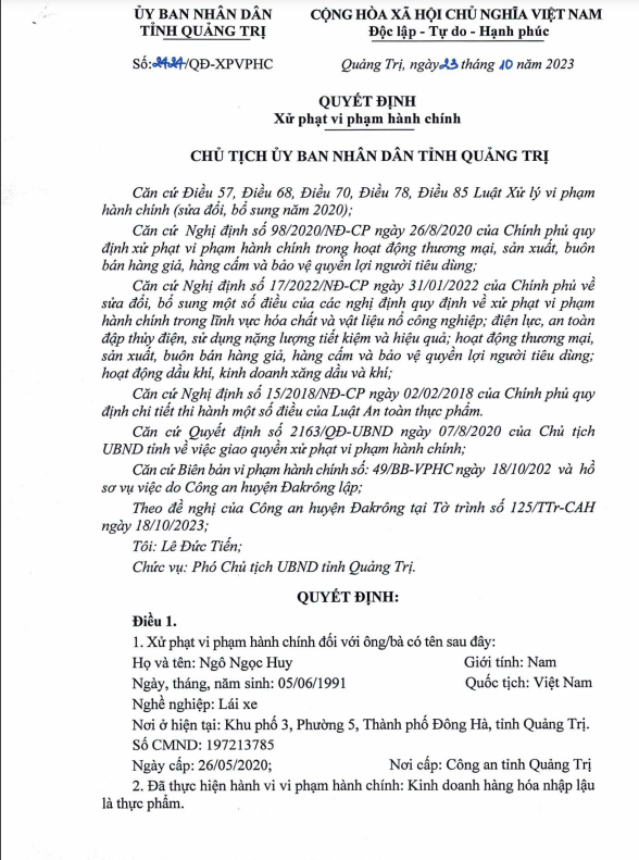 Quyết định xử phạt của UBND tỉnh Quảng Trị đối với một l&aacute;i xe