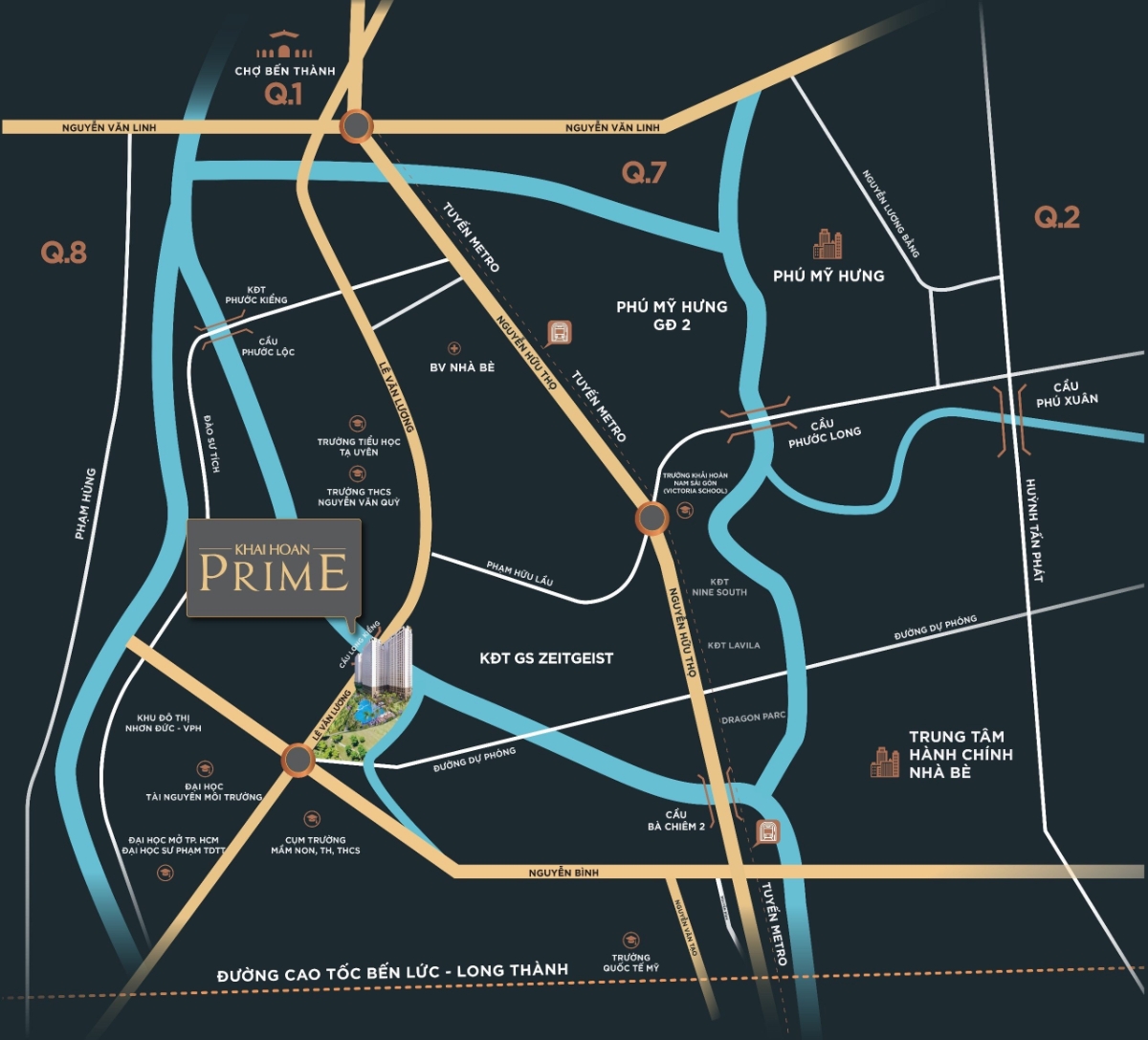 Từ dự &aacute;n Khai Hoan Prime di chuyển nhanh ch&oacute;ng đến c&aacute;c trường Đại học RMIT, Đại học T&ocirc;n Đức Thắng, Đại học Sự phạm Thể dục Thể thao, Đại học T&agrave;i nguy&ecirc;n M&ocirc;i trường v&agrave; Đại học Mở Tp.HCM. Bản đồ li&ecirc;n kết v&ugrave;ng dự &aacute;n Khai Hoan Prime.