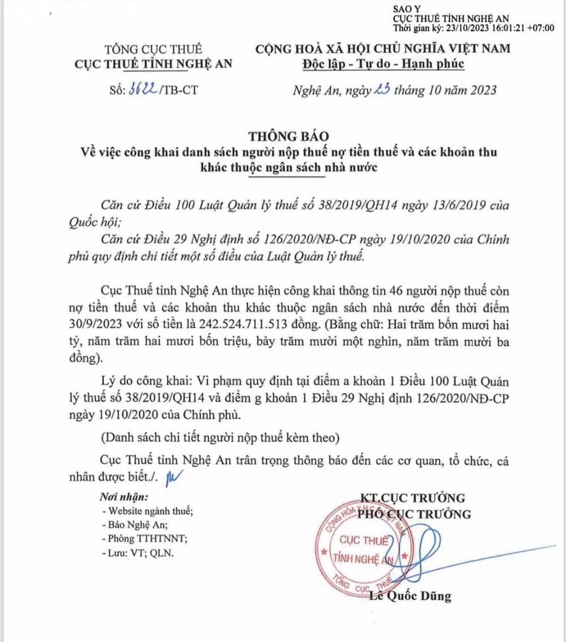 Quyết định công khai danh sách người nộp thuế của Cục Thuế tỉnh Nghệ An