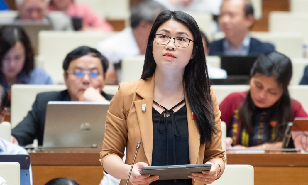 Đại biểu Đinh Thị Ngọc Dung, đoàn Hải Dương phát biểu tại hội trường chiều 30/10/2023.