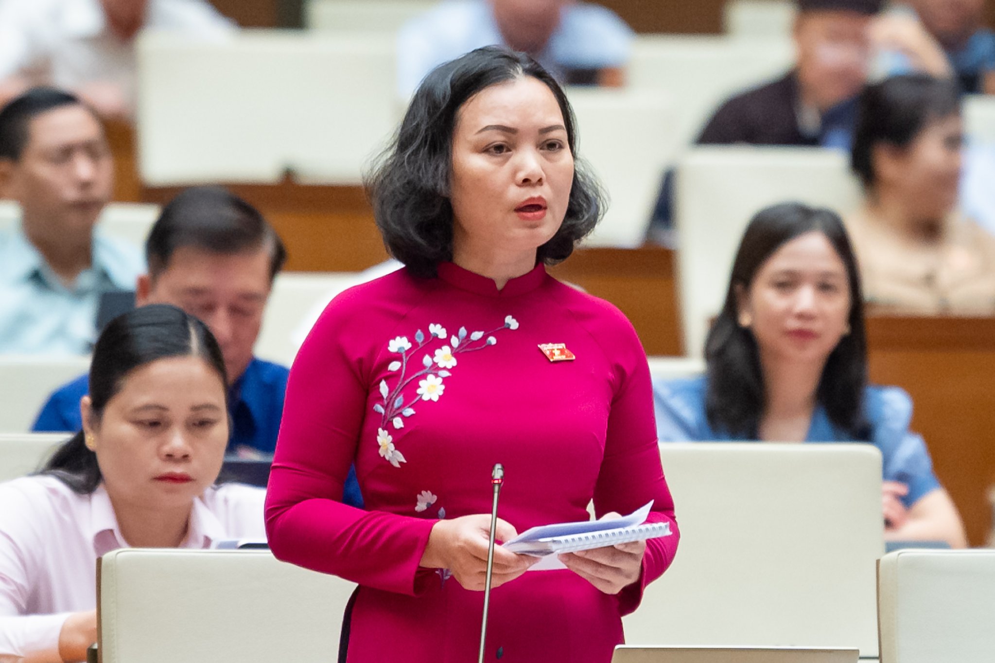 Đại biểu Huỳnh Thị Phúc, đoàn Bà Rịa- Vũng Tàu đề xuất mức tiền đặt cọc không vượt quá 5% giá bán bán. (Ảnh: quochoi.vn)