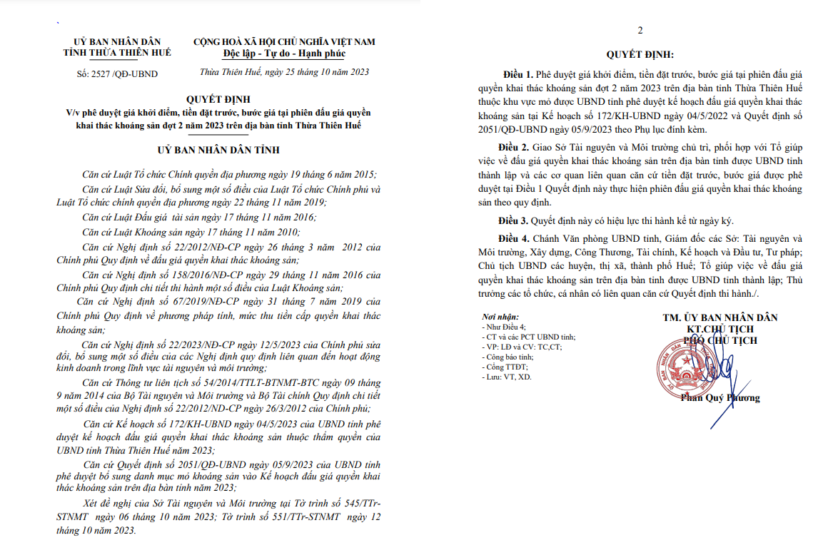 Quyết định số 2527/QĐ - UBND của UBND tỉnh Thừa Thi&ecirc;n Huế