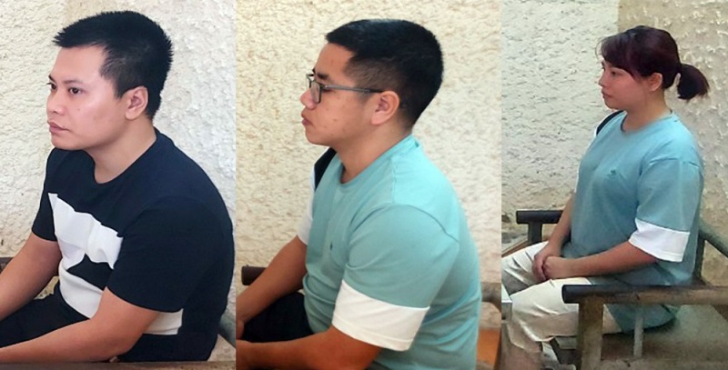 Ba đối tượng (từ trái sang phải): Đinh Quốc Tuấn, Nguyễn Phúc Vinh, Nguyễn Thị Thắm. (Ảnh: Công an Hà Tĩnh).