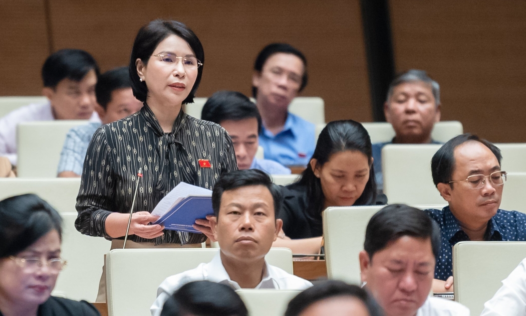 Đại biểu Trần Thị Nhị Hà, đoàn Tp.Hà Nội cho rằng, quy định xuất vốn đầu tư về công trình y tế còn bất cập. (Ảnh: quohoi.vn)