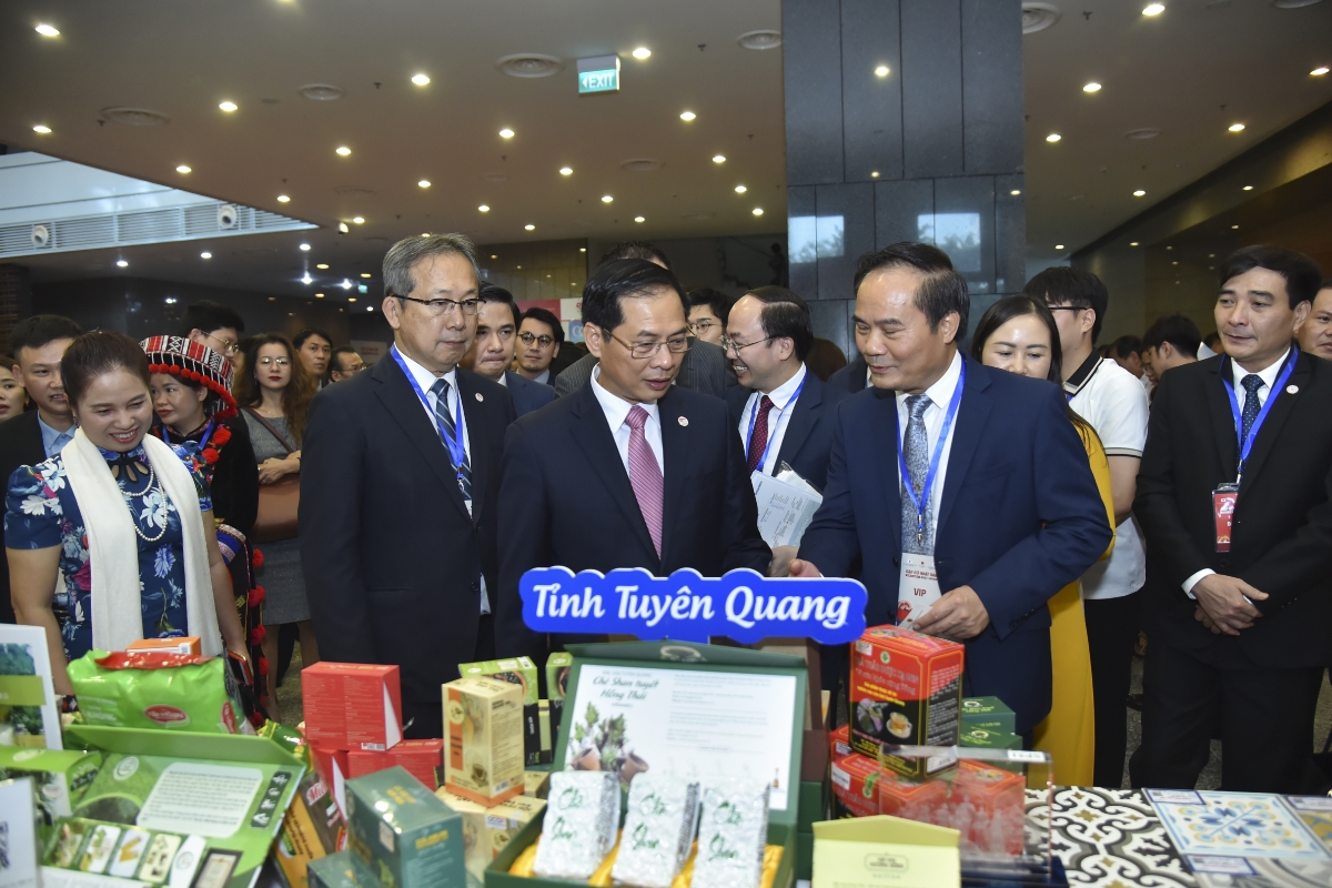 Bộ trưởng Bộ ngoại giao B&ugrave;i Thanh Sơn c&ugrave;ng c&aacute;c đại biểu tham quan gian h&agrave;ng giới thiệu sản phẩm của c&aacute;c tỉnh, th&agrave;nh phố