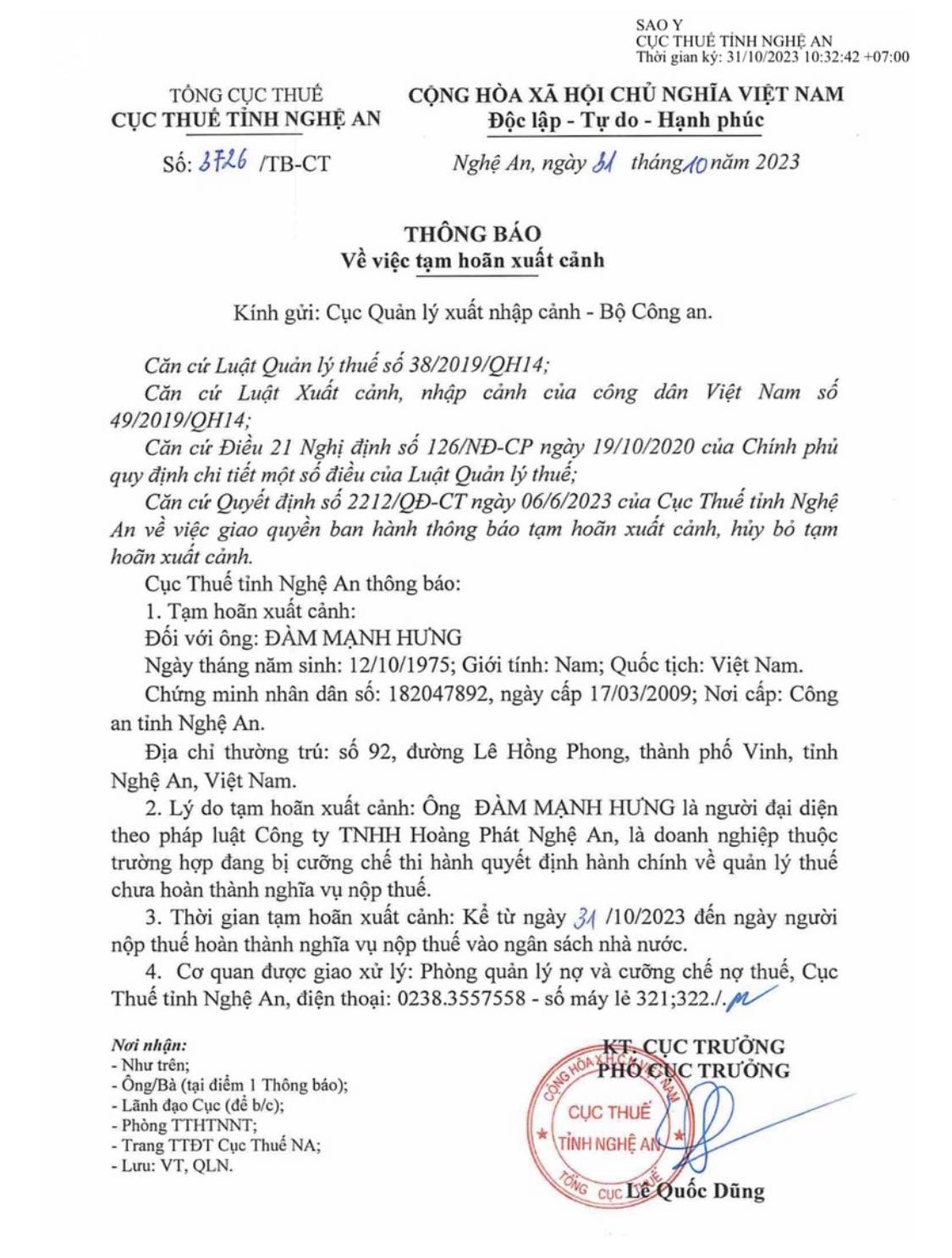Thông báo tạm hoãn xuất cảnh đối với ông Đàm Mạnh Hưng