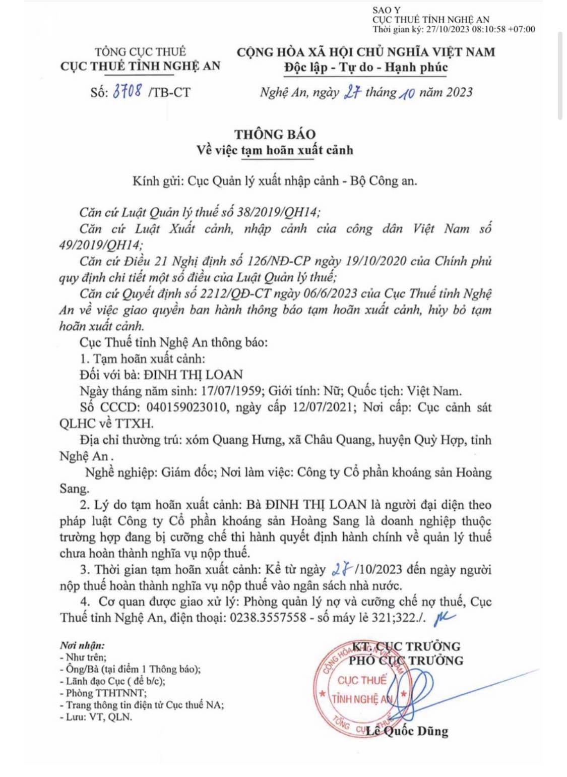 Th&ocirc;ng b&aacute;o tạm ho&atilde;n xuất cảnh đối với b&agrave; Đinh Thị Loan