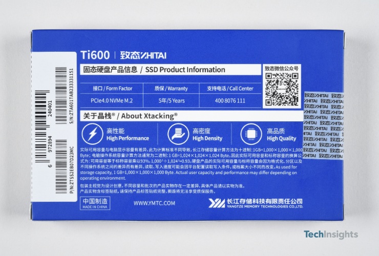 Hình ảnh mặt sau sản phẩm SSD ZhiTai Ti600 1TB. TechInsights, 2023.
