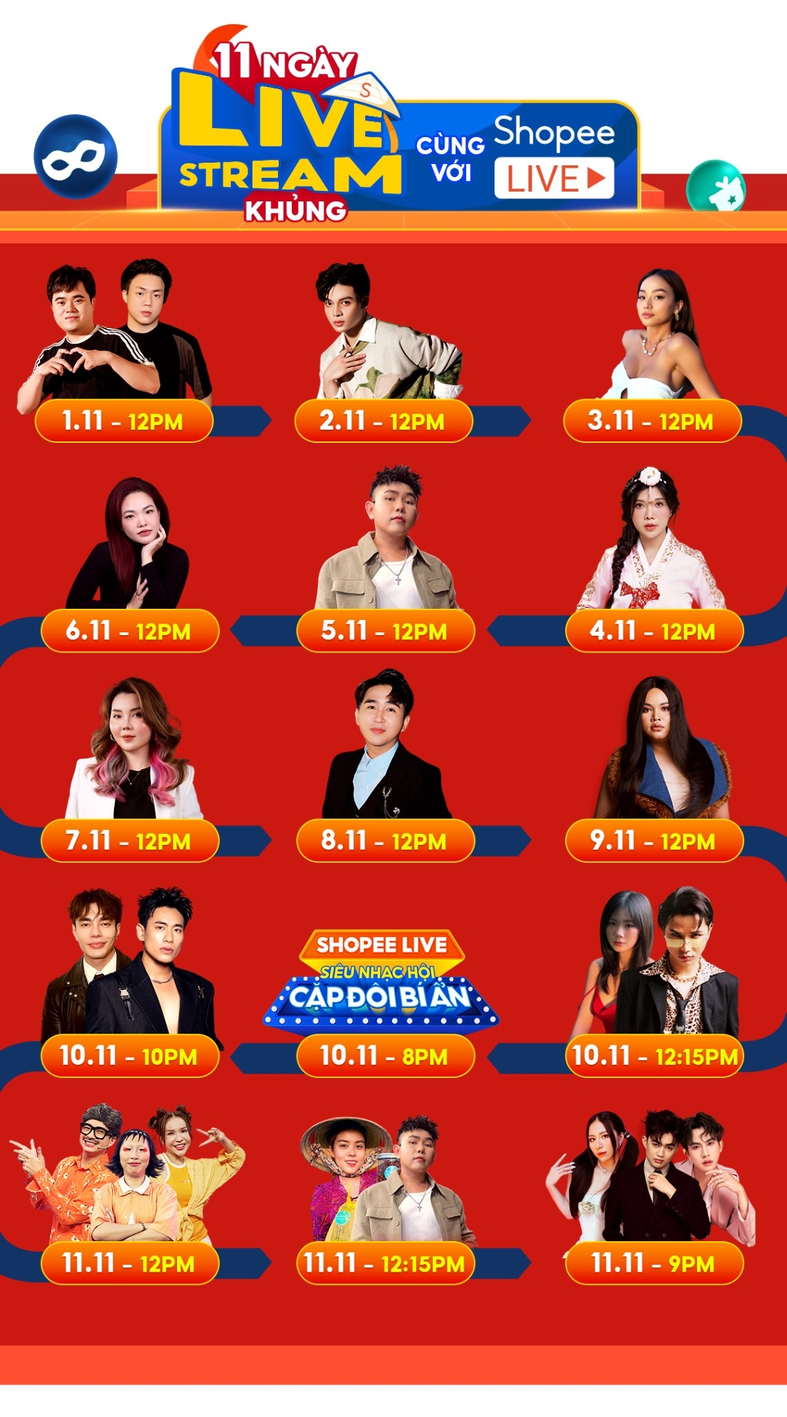 Chuỗi livestream 11 ng&agrave;y mang đến cho người d&ugrave;ng v&ocirc; v&agrave;n khoảnh khắc giải tr&iacute; c&ugrave;ng cơ hội săn được sản ph&acirc;̉m giảm 50% duy nhất tr&ecirc;n Shopee Live.