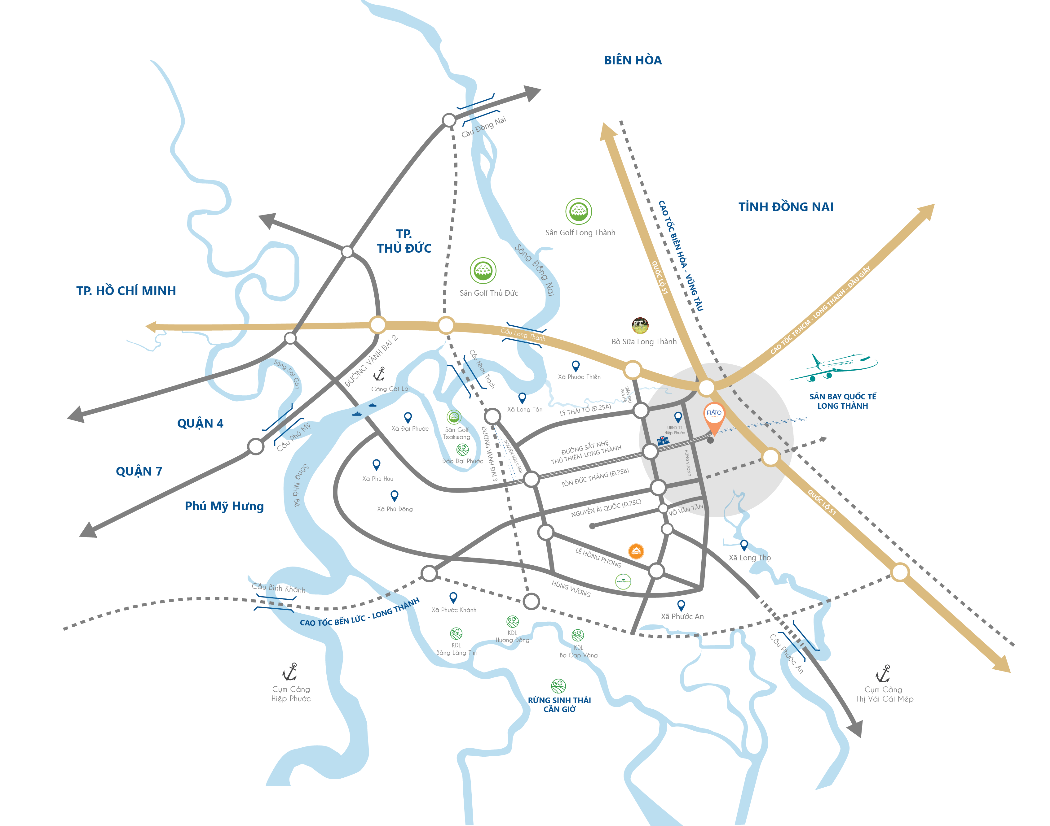 FIATO City directly connects with Long Thanh International Airport along National Route No. 51, the HCMC - Long Thanh - Dau Giay Expressway, and Ring Road No. 3.