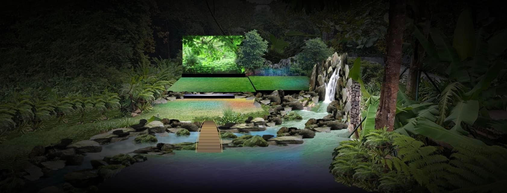 Lấy ý tưởng từ chủ đề "Suối Mơ", êkíp sản xuất đã dựng lên một con suối ngay trên sân khấu chính giữa không gian núi rừng Ba Vì. Ảnh: Amour Resort Bavi.