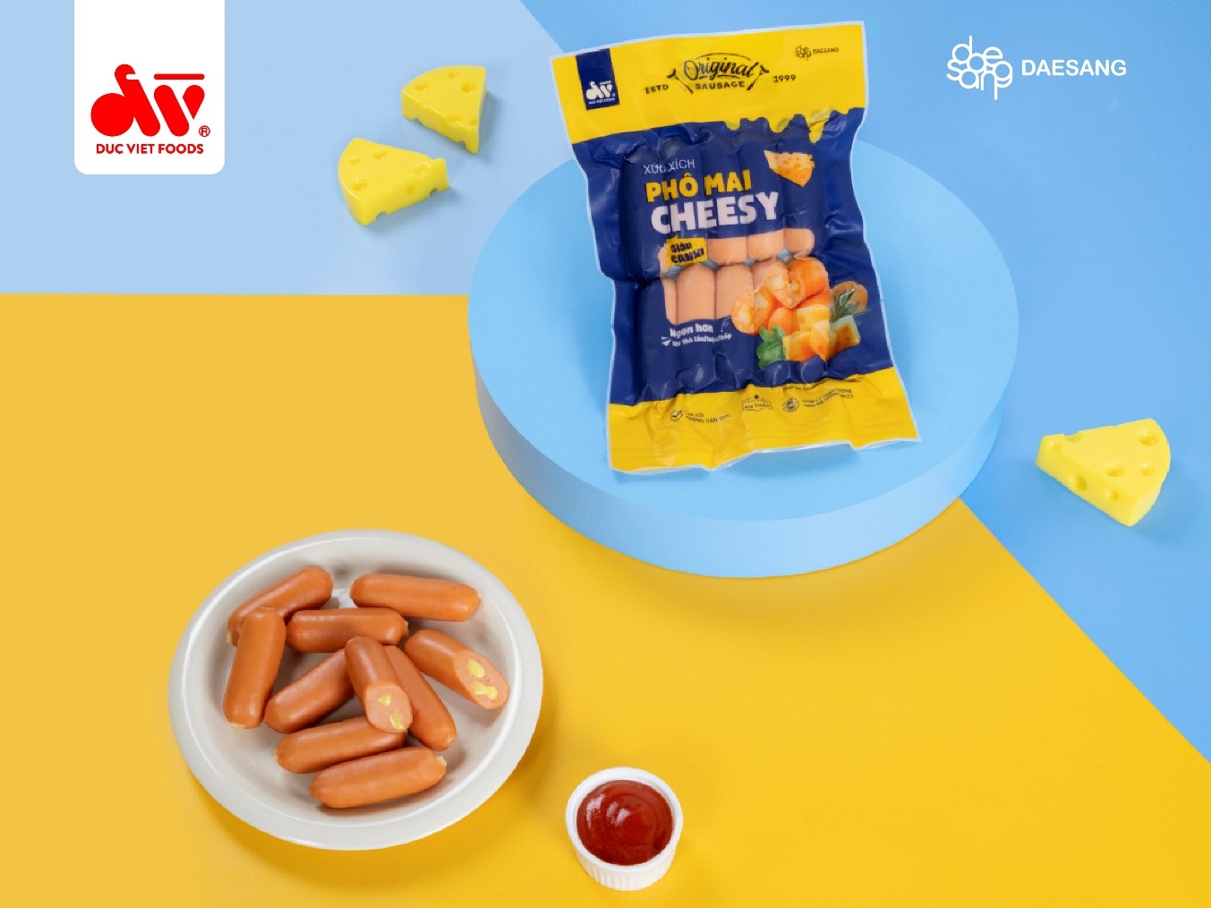 Xúc xích phô mai cheesy là sản phẩm có thành phần 80% thịt và 8% là phô mai cao cấp.
