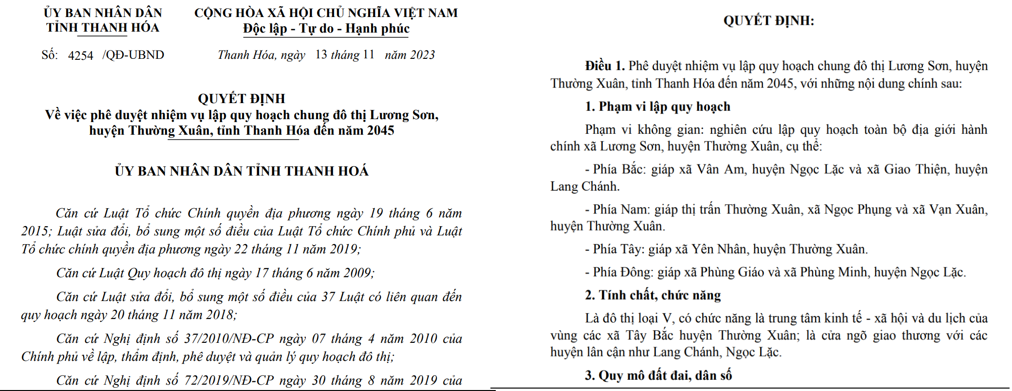 Quyết định 4252 của UBND tỉnh Thanh Hóa phê duyệt nhiệm vụ lập quy hoạch chung đô thị Lương Sơn, huyện Thường Xuân đến năm 2045