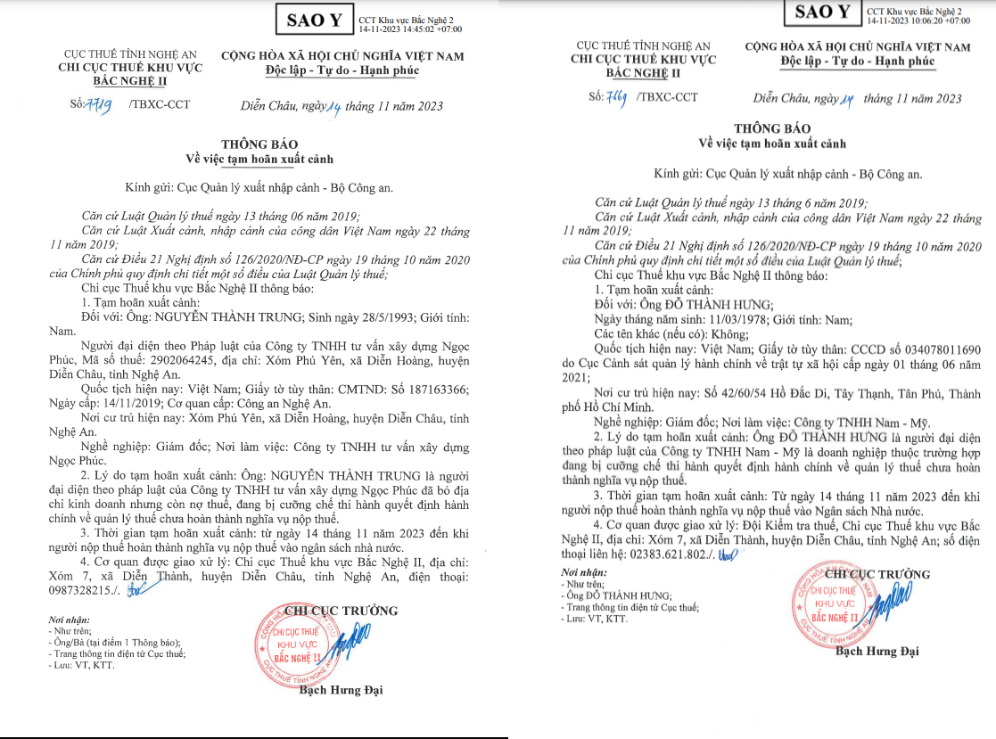 C&aacute;c th&ocirc;ng b&aacute;o tạm ho&atilde;n xuất đối với đại diện ph&aacute;p của doanh nghiệp nợ thuế của&nbsp;Chi Cục thuế Bắc Nghệ An khu vực II