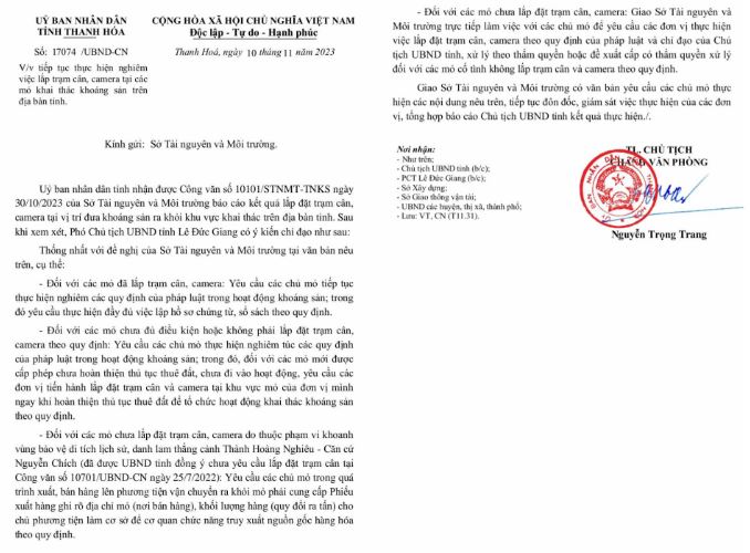 Công văn của UBND tỉnh Thanh Hóa với nội dung chỉ đạo của ông Lê Đức Giang