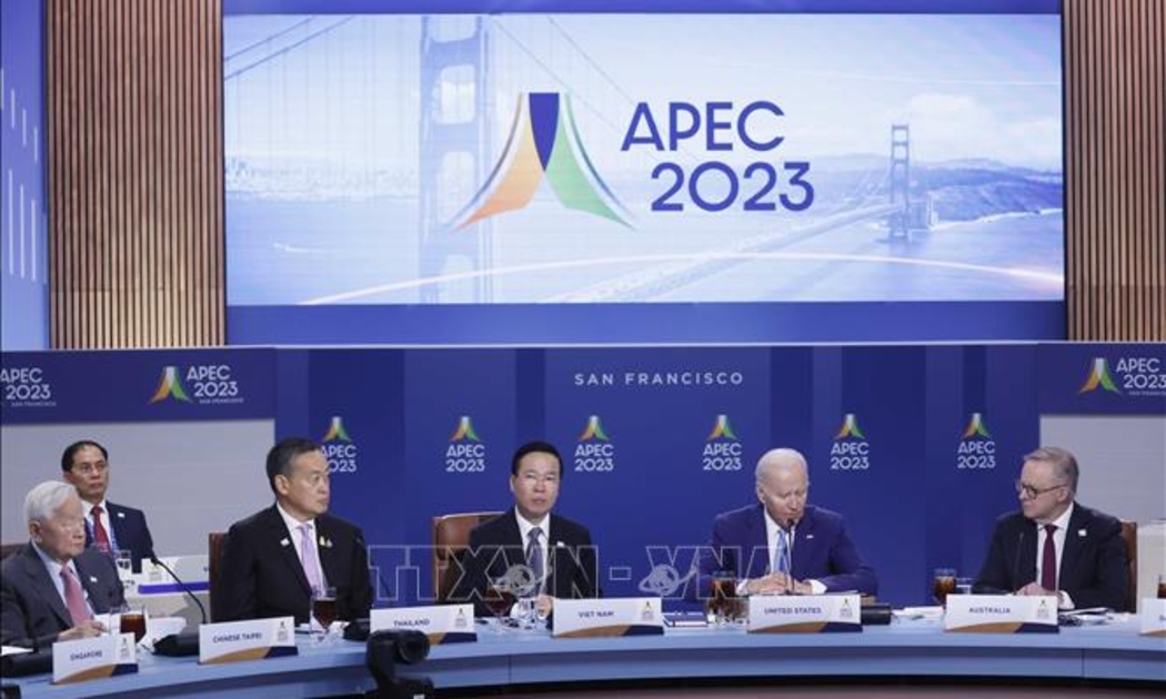 Chủ tịch nước Võ Văn Thưởng và các Nhà lãnh đạo APEC tại buổi làm việc - Ảnh: TTXVN.