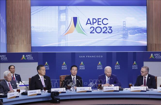 Chủ tịch nước Võ Văn Thưởng và các Nhà lãnh đạo APEC tại buổi làm việc - Ảnh: TTXVN.