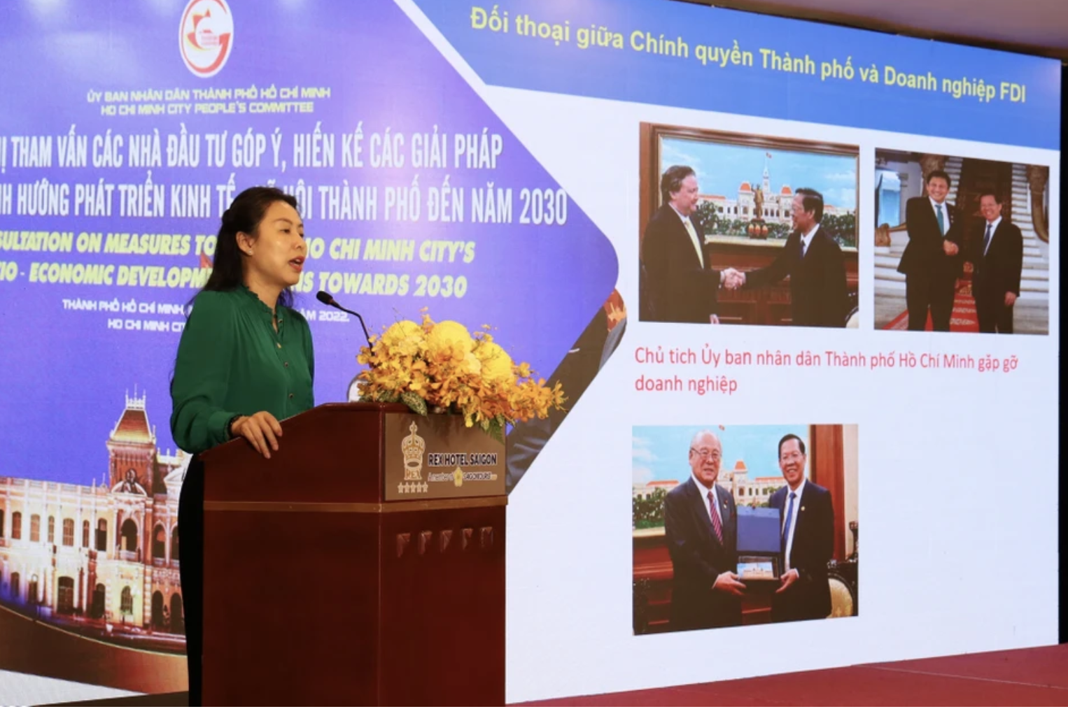 Bà Hồ Thị Quyên, Phó Giám đốc ITPC, giới thiệu môi trường đầu tư của TP.HCM tới các doanh nghiệp Ấn Độ.