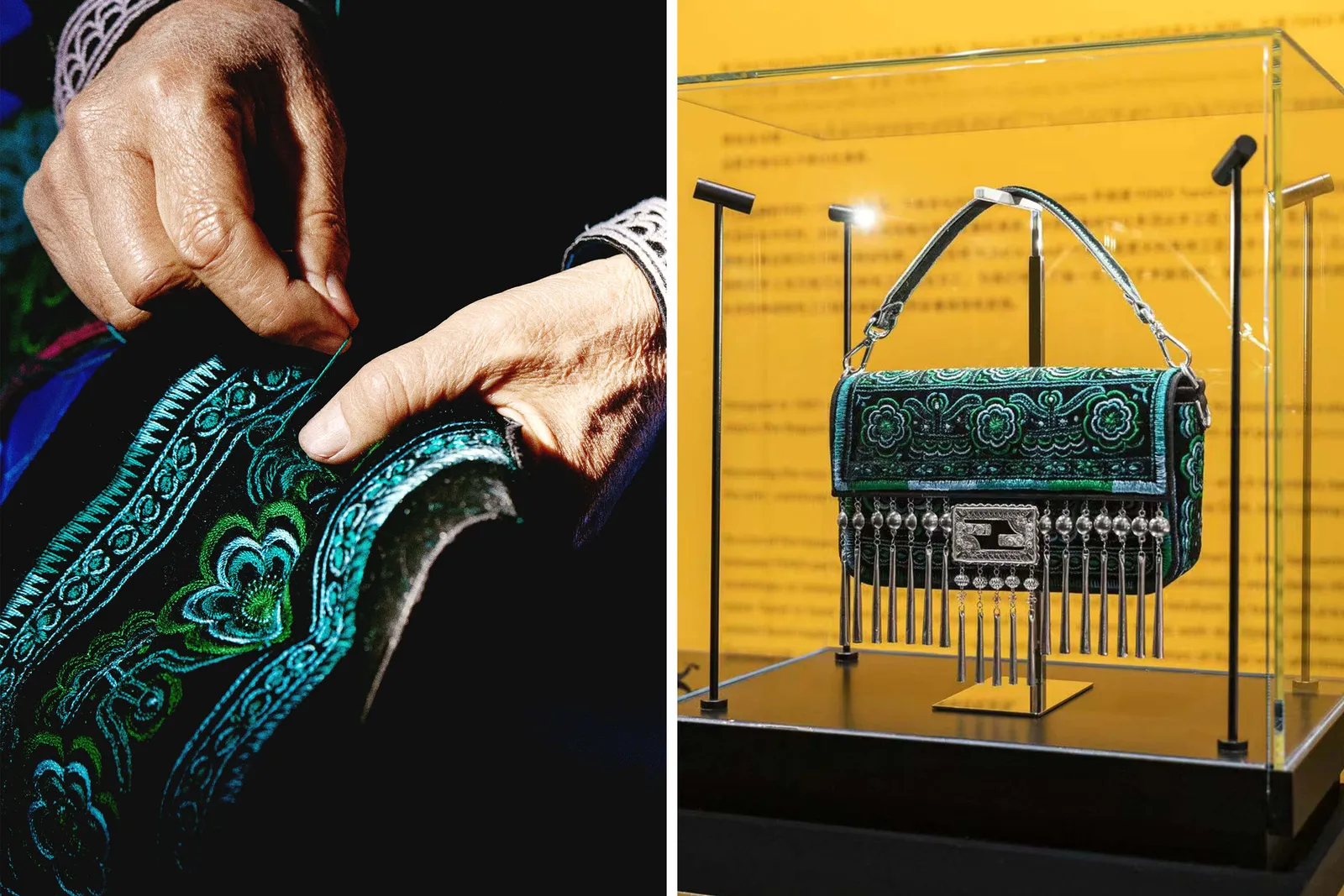 Fendi trưng b&agrave;y một chiếc t&uacute;i x&aacute;ch được chế t&aacute;c bởi hai nghệ nh&acirc;n l&agrave; những người tr&ocirc;ng coi di sản văn h&oacute;a của người Yi.